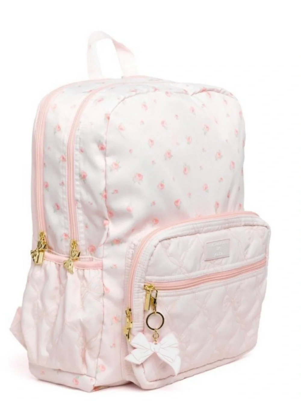 LoveShackFancy Light Pink Floral Quilted Kids Backpack with Bow Charm